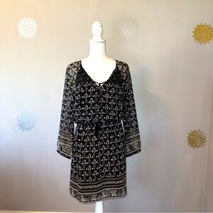 Madewell Black White BOHO Artisan Blousy Casual 3/4 Sleeve Mini‎ Knee-high Dress